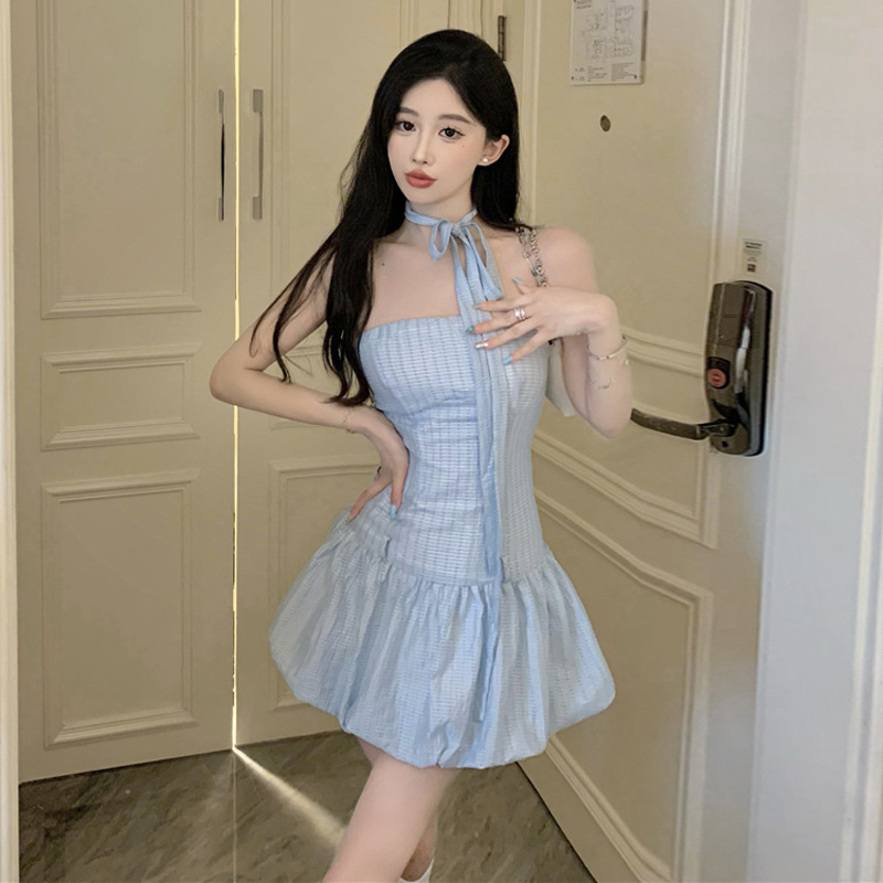 1436跨境外贸女装批发东南亚纯欲裹胸连衣裙女露背系带蓬蓬抹胸裙