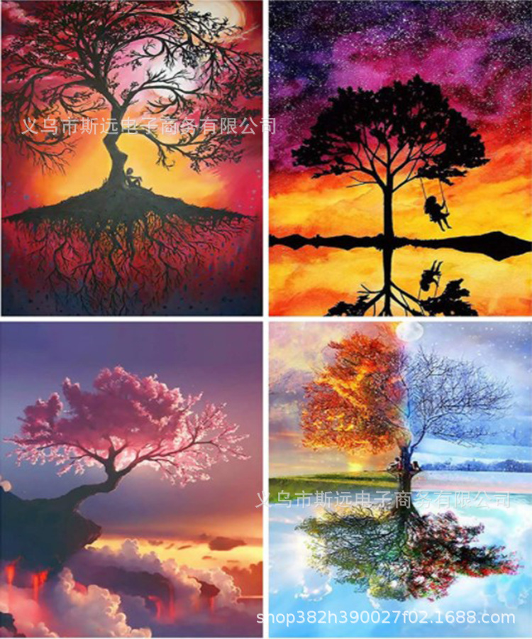 亚马逊5d钻石画风景圆钻满钻倒影树diy十字绣树倒影装饰画30*40