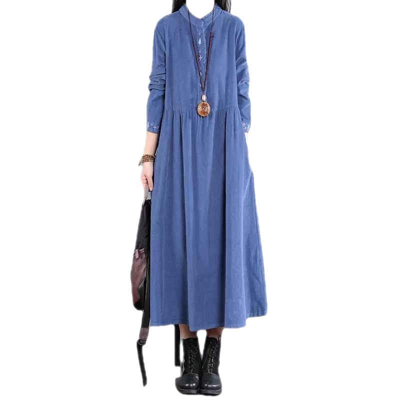 Artistic Retro Corduroy Dress for Women 2023 Autumn and Winter New Loose Mid-Length Cuff Embroidered Dress for Women