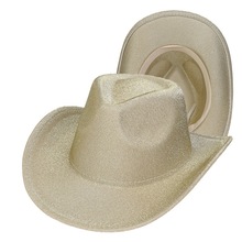 新款亮片西部牛仔帽毛呢礼帽大檐帽爵士帽跨境金色银色派对牛仔帽
