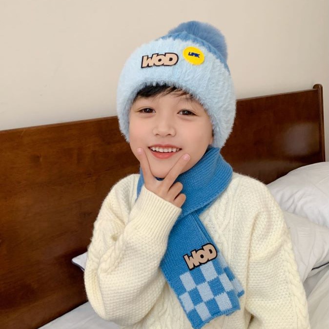 Children's Hat Scarf Suit Winter Korean Style Boys and Girls Thickened Knitting Woolen Cap Baby Earflaps Warm Hat