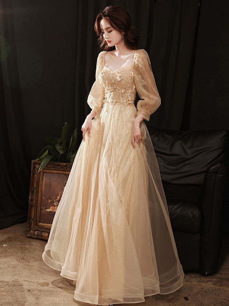 晚礼服香槟色2022春季新款宴会生日派对礼服长款气质艺考声乐轻纱