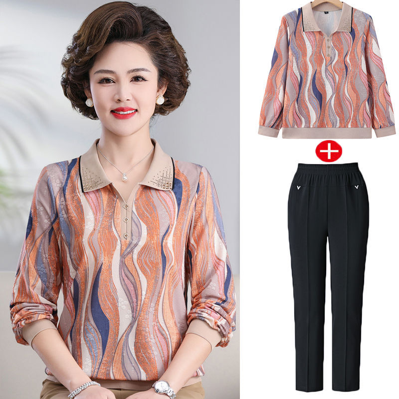 妈妈夏装洋气翻领t恤中老年薄款新款女装长袖小衫上衣春秋两件套