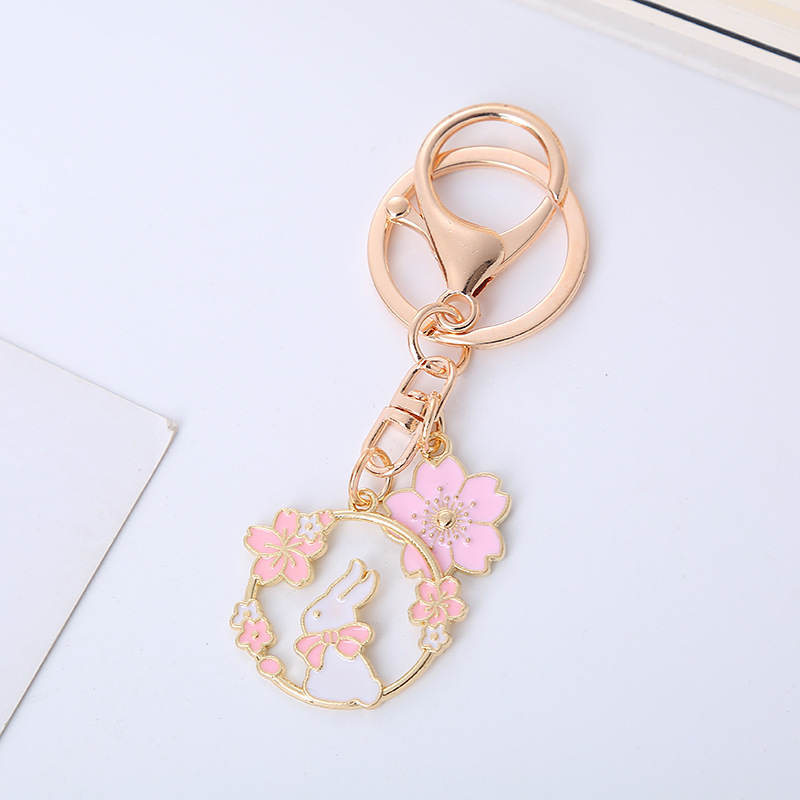 Cute Girl Heart Garland Rabbit Keychain Metal Dripping Oil Cartoon Animal Key Ornament Small Gift Wholesale