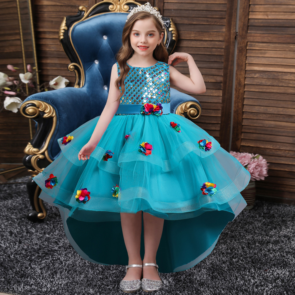 亚马逊女童亮片拖尾公主连衣裙儿童孔雀彩色婚纱礼服裙六一演出服
