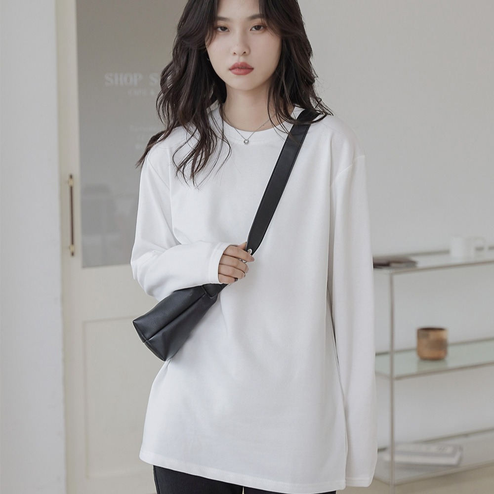 圆领叠穿纯棉白t恤女长袖春秋季新款韩版宽松百搭中长款打底衫女