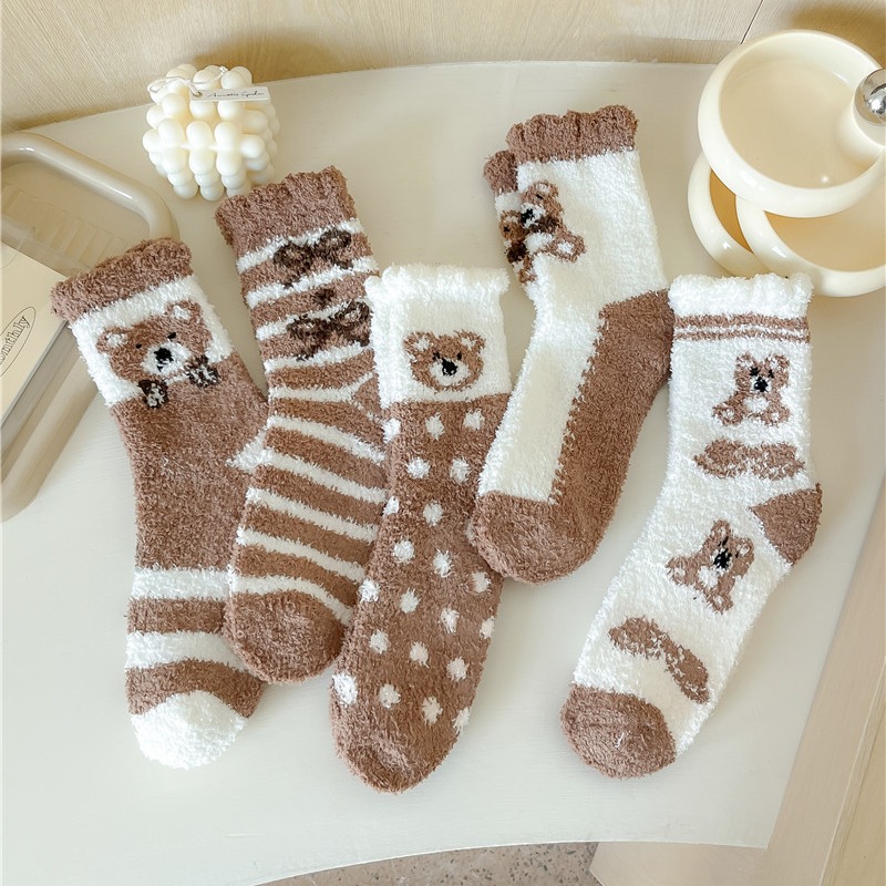 Coral Fleece Socks Female Coffee Color Series Bear Women's Mid Tube Stockings Winter Fleece Lined Padded Warm Keeping Room Socks Sleep Women's Socks