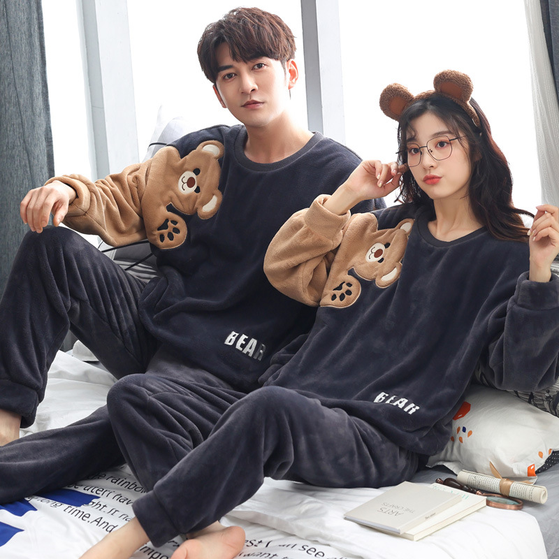 冬季法兰绒情侣睡衣男女秋冬珊瑚绒圆领冬天加厚保暖可外穿家居服