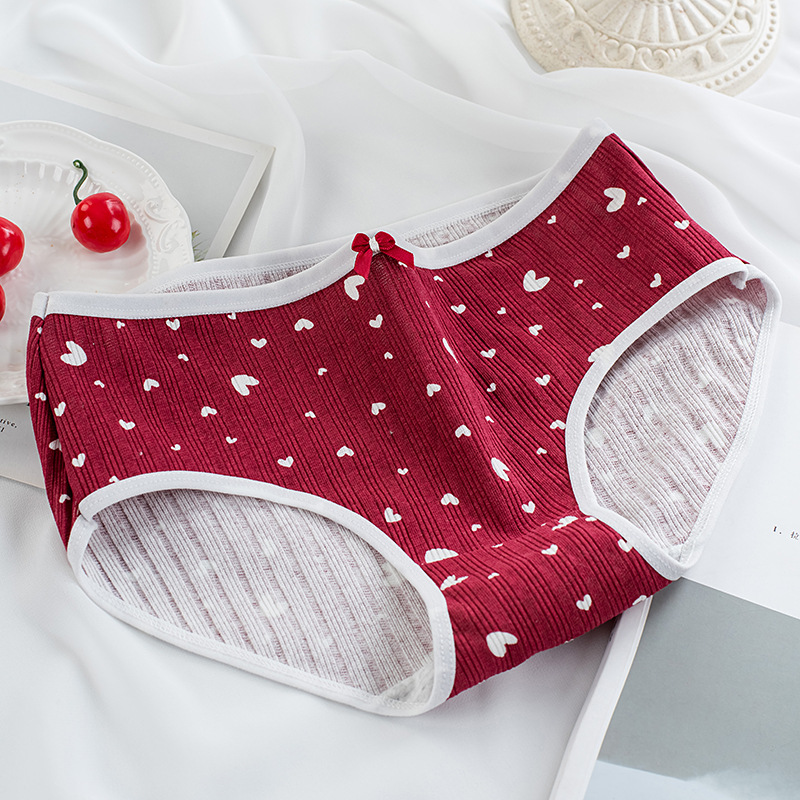 Burgundy Apple Underwear Women's Printed Cute Girl's Underwear Japanese Pure Cotton Crotch Women's Mid-Waist Panties New