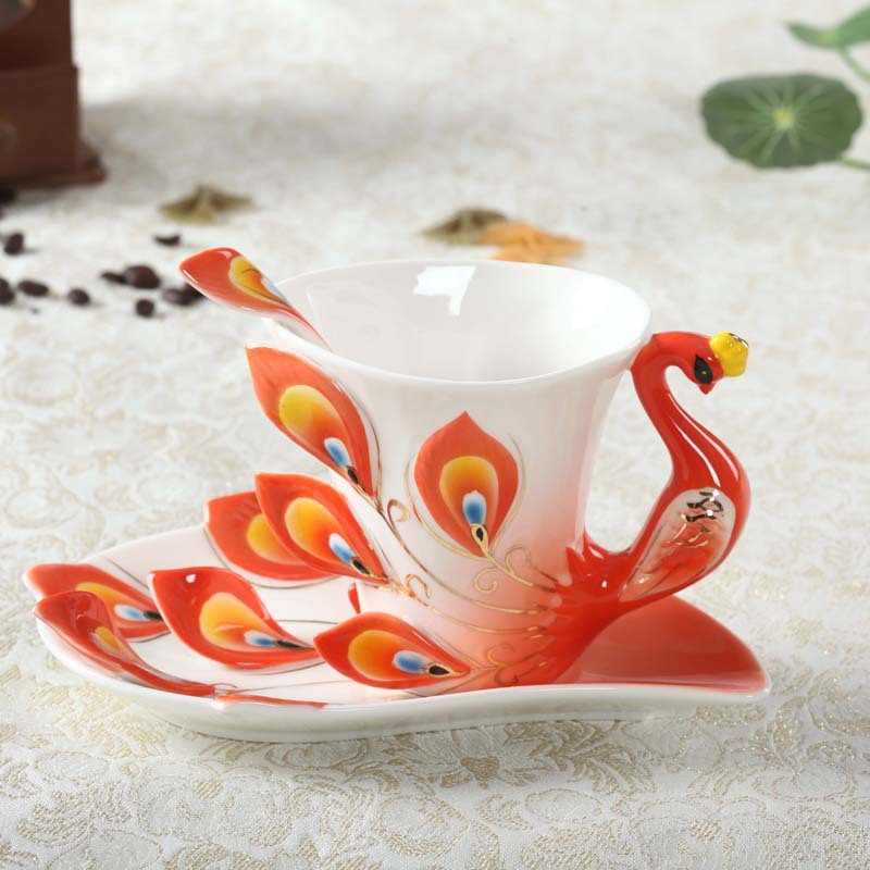 Tea Set Enamel Porcelain Peacock Coffee Cup
