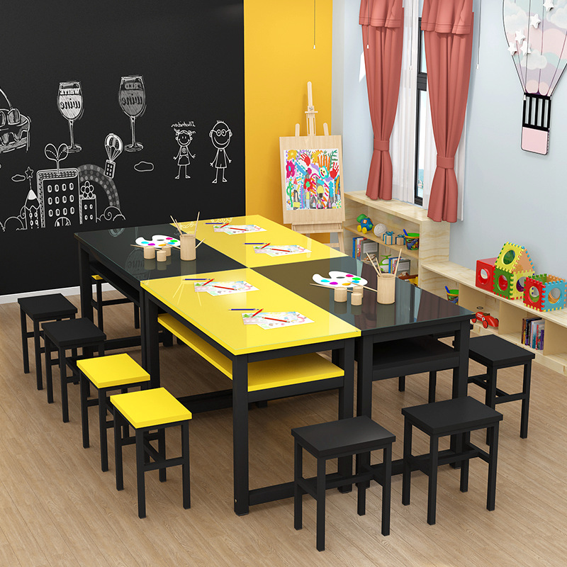 幼儿园双层玻璃绘画美术桌学生补习辅导培训班课桌椅书法画室桌子