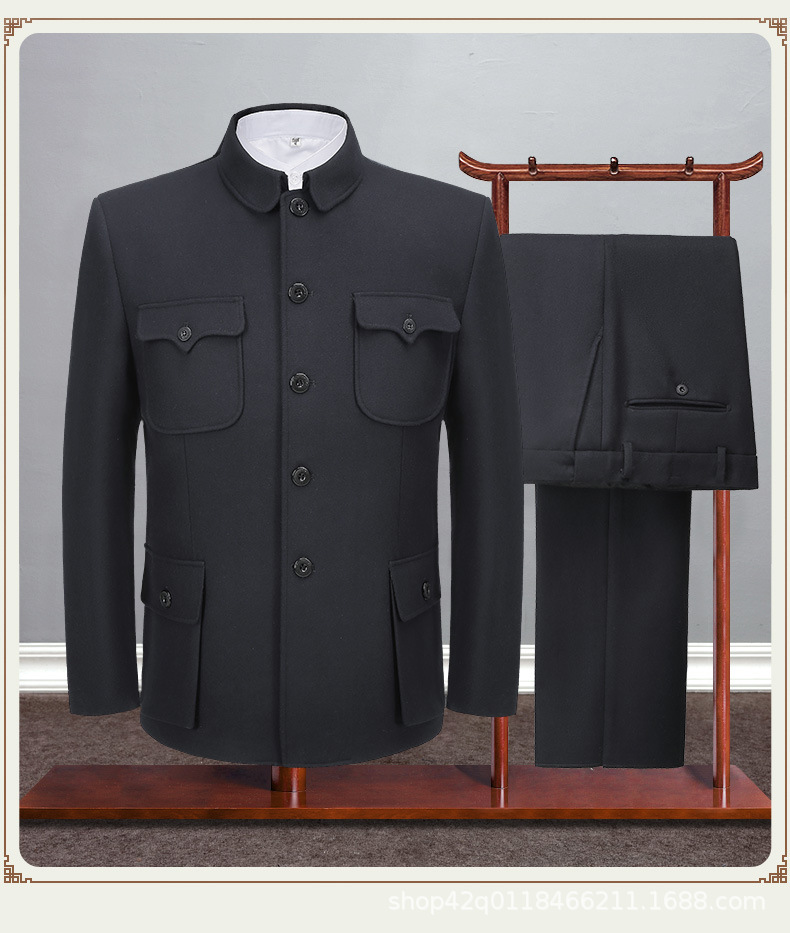 羊毛呢中山装男中老年宽松中山服套装老年人国服中国风中式礼服男