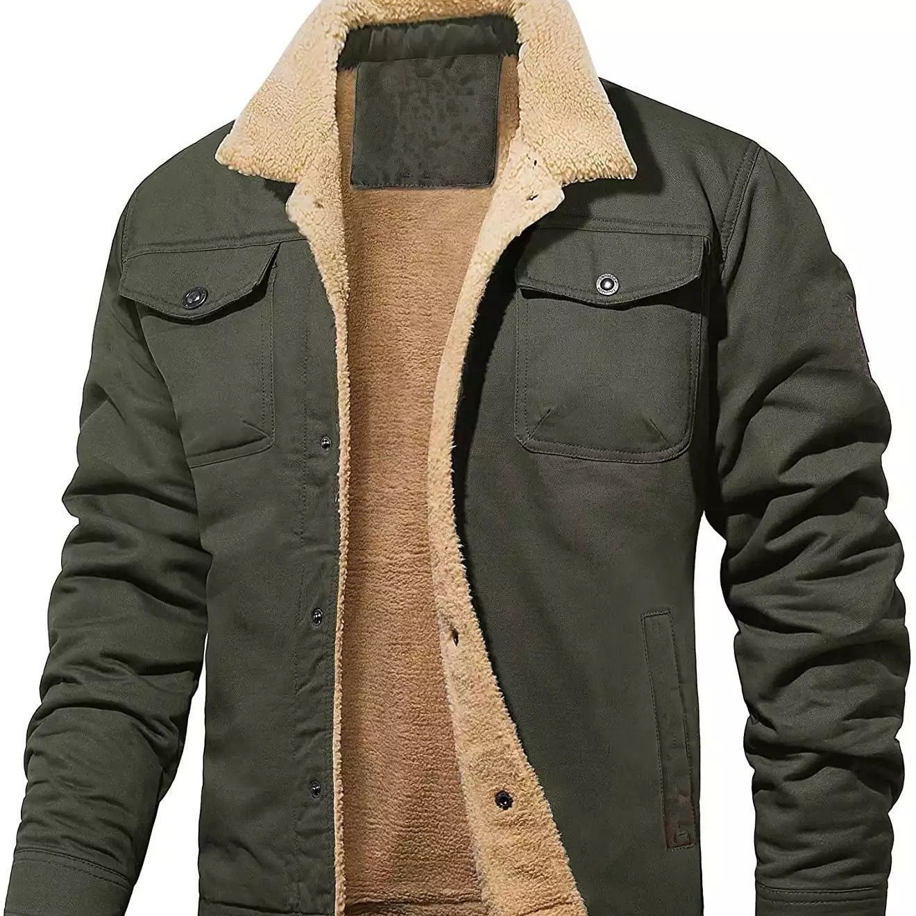 跨境秋冬季新款男加绒夹克棉布工装休闲外套优质欧码大码上衣