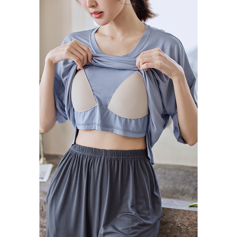 Korean Style Modal Short-Sleeved Cool Pajamas Women's Summer round Tie Chest Pad Set Can Be Worn outside Home
