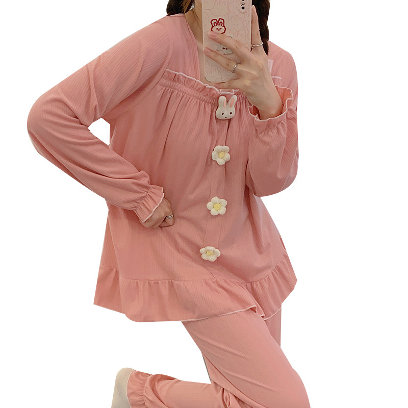 Women's Large Size Pajamas with Chest Pad Autumn and Winter Sweet Long Sleeve plus Sizes Loose 100.00kg Plump Girls Home Wear Two-Piece Set