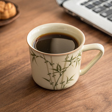 厂家手绘翠绿文竹咖啡杯陶瓷茶杯小巧下午茶具喝水杯子马克杯带柄