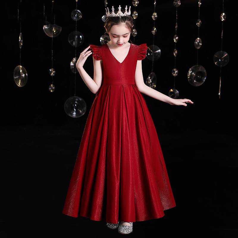 儿童礼服公主裙春季优雅女童指挥唱红歌主持人红色钢琴演奏演出服