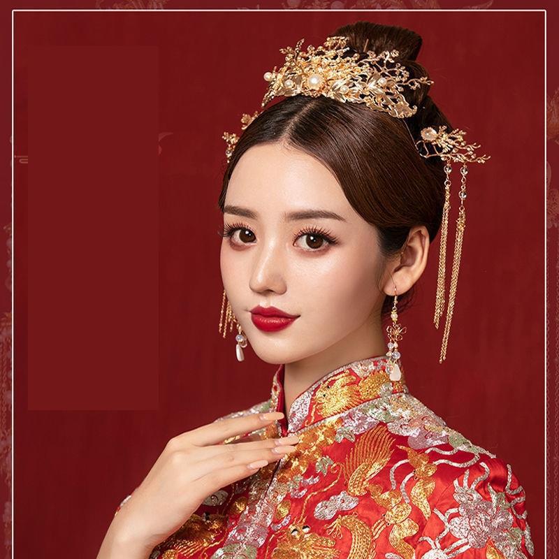 秀禾服新娘头饰中式婚礼简单大气宫廷步摇流苏结婚发饰古装凤冠女