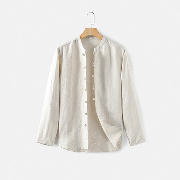 春夏复古中式亚麻男装立领盘扣长袖衬衫宽松休闲潮流中国风上衣薄
