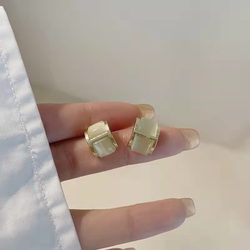 Geometric Opal Stone Ear Studs Sterling Silver Needle New Korean Style Small Refined and Simple Frosty Style Earrings