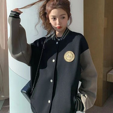 美式复古宽松黑色夹克棒球服外套女夏秋季2024新款oversize上衣