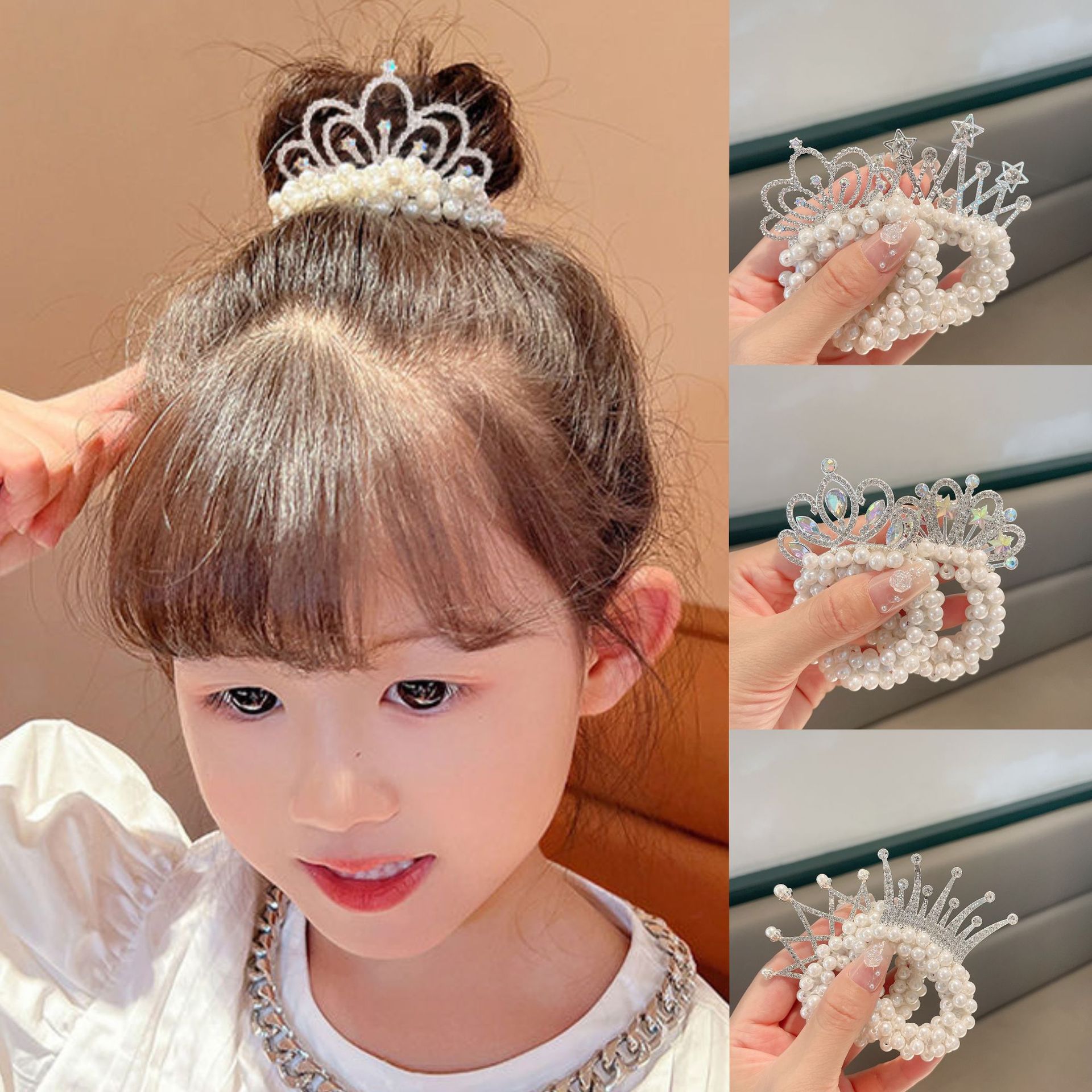 儿童皇冠头饰头绳韩国珍珠皇冠小女孩丸子头皮筋珍珠合金皇冠发圈