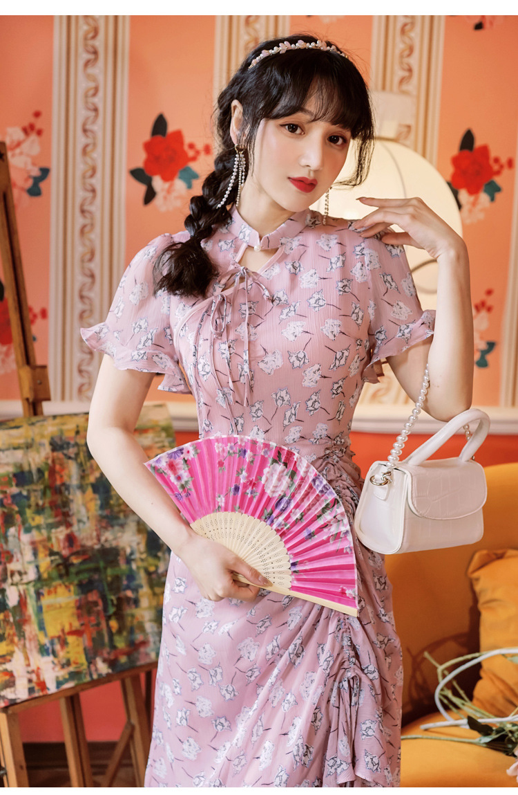 司藤同款年轻款少女粉色改良旗袍收腰抽绳褶皱连衣裙