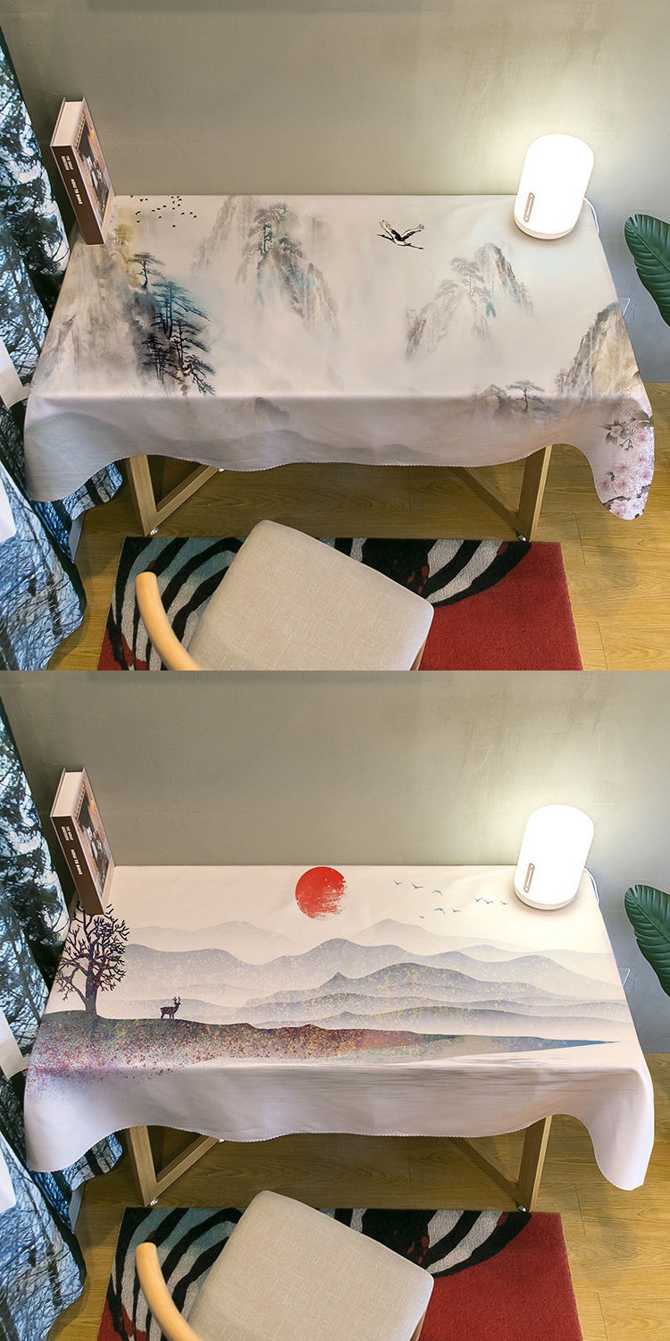 客厅国画中国风山水防尘水洗餐桌布学生宿舍书桌布茶几布台布