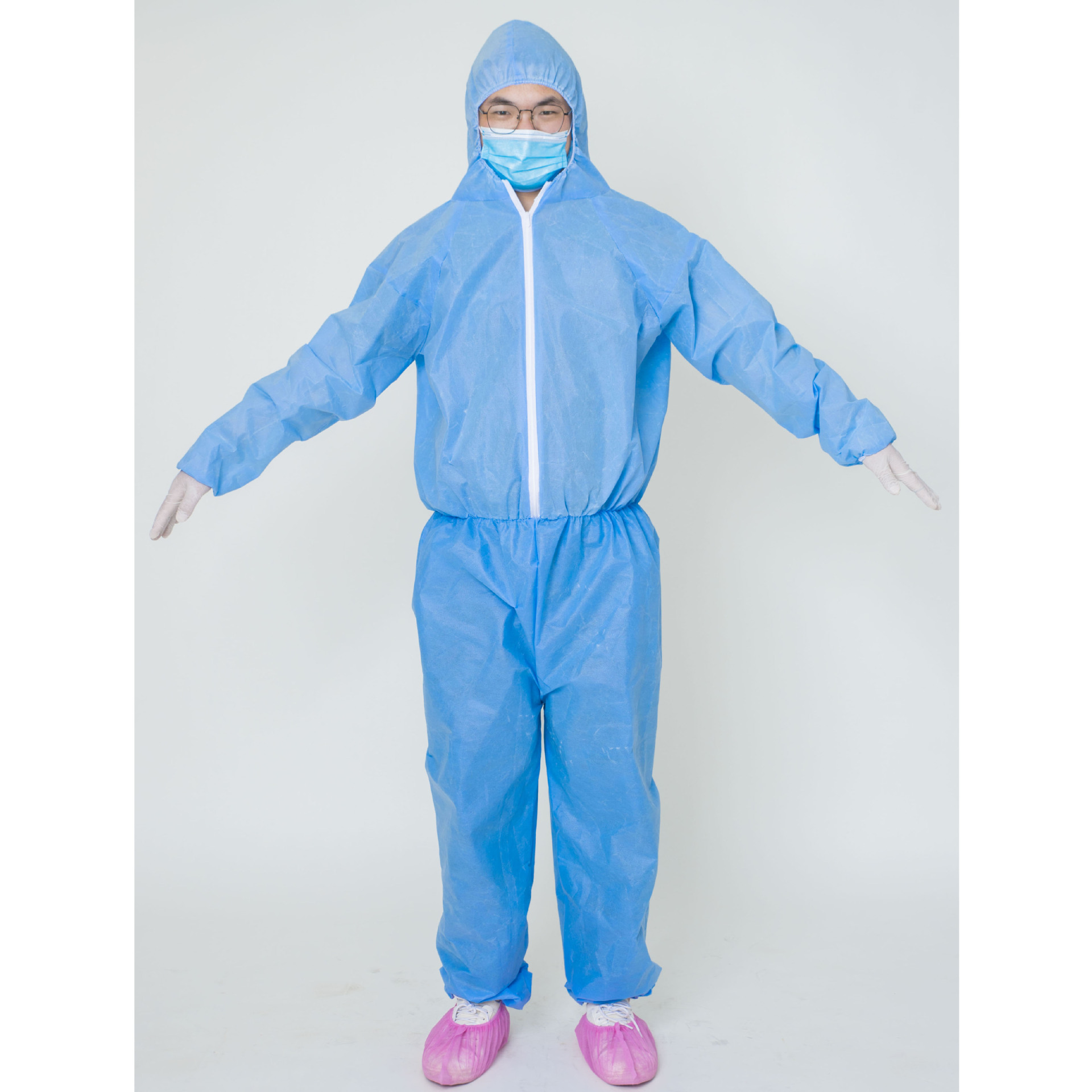 批发一次性防护服蓝色防尘服隔离防护连体连帽劳保隔离工作无纺布