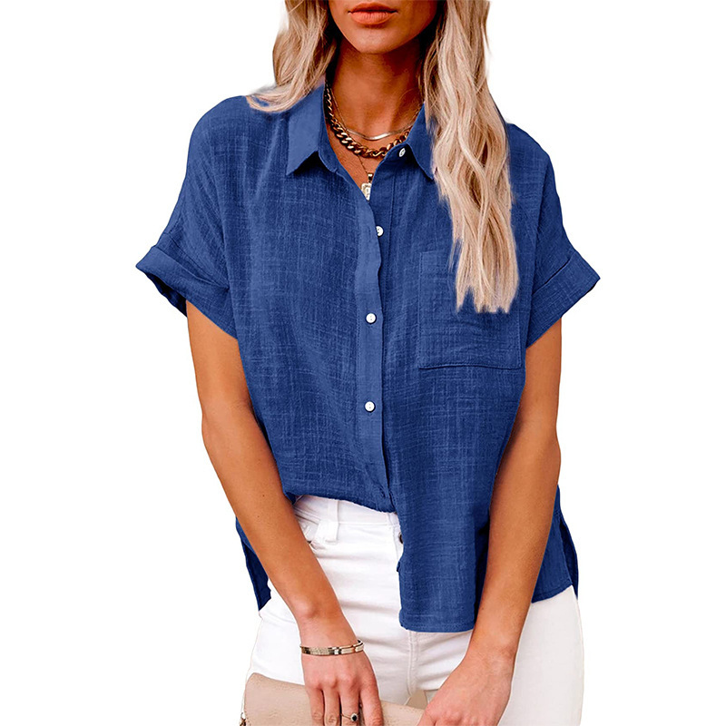 Amazon Wish2022 Summer New Europe and America Cross Border Women's Solid Color Linen Shirt Short Sleeve Casual Loose Shirt