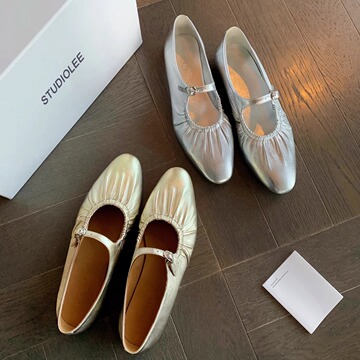 真皮版~法式褶皱芭蕾舞鞋银色复古玛丽珍鞋女圆头浅口粗低跟单鞋