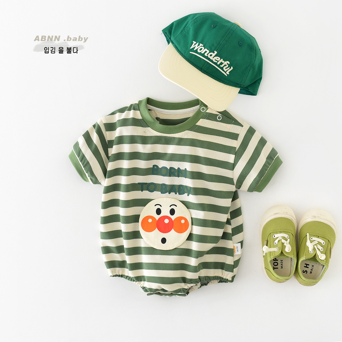 Summer New Baby Striped Boys and Girls Cartoon Three-Dimensional Smiley Face Stickers Jumpsuit Short Sleeve Cotton Romper Baby Clothes