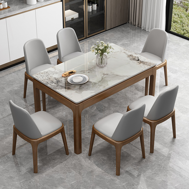 现代简约北欧风岩板餐桌椅组合全实木小户型轻奢长方形西餐桌家用