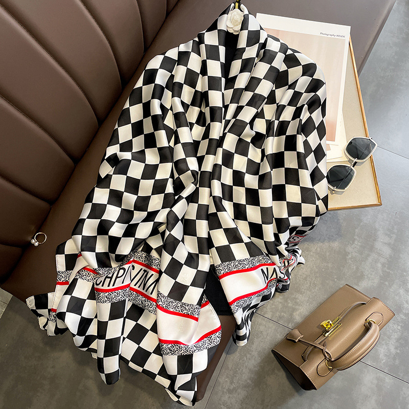 Korean Style Black and White Plaid Chessboard Plaid Letter Stripes Artificial Silk Outer Shawl Travel Outdoor Sun Protection Lengthened Fashion Women