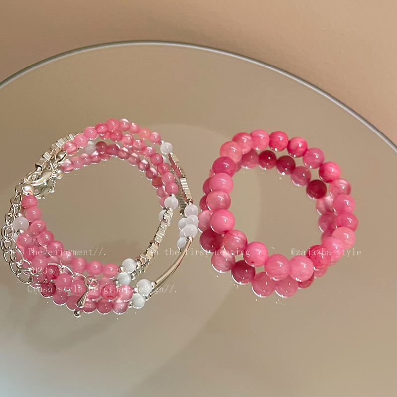 粉色水晶双层手链女生2024年新款网红闺蜜手串小众感气质手饰