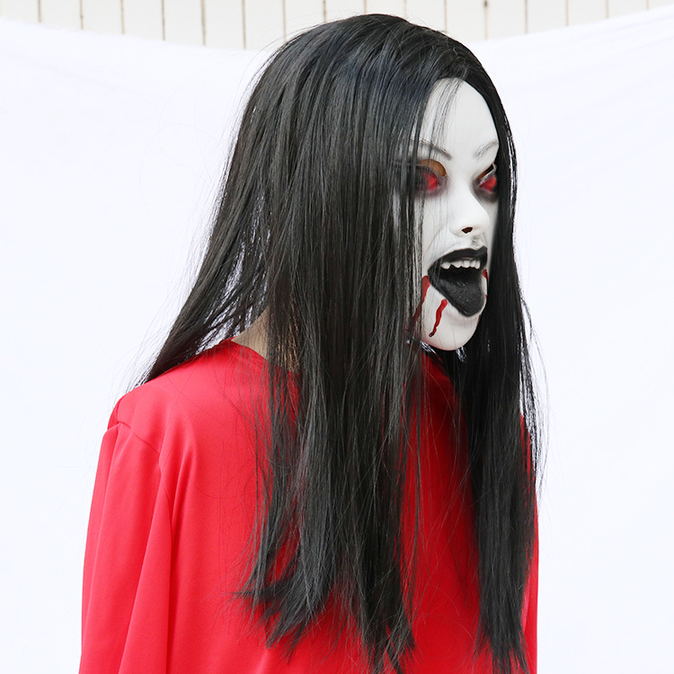 红衣女鬼面具鬼屋道具万圣节气氛道具节日整蛊吓人乳胶面具工厂