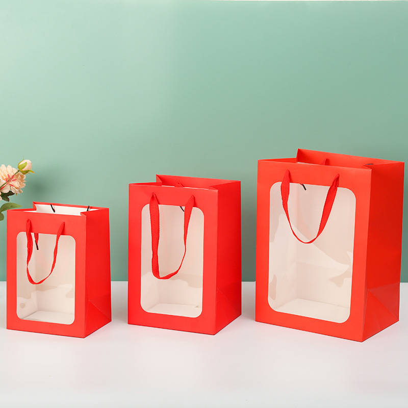 In Stock Wholesale Transparent Gift Bag Window Bag Hand Gift Simple Valentine's Day Hand Bag Hand Gift Bag Cake Box