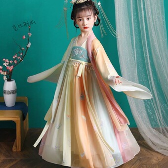 女童汉服仙女秋装中国风唐朝古装齐腰长袖连衣裙超仙大袖衫小女孩