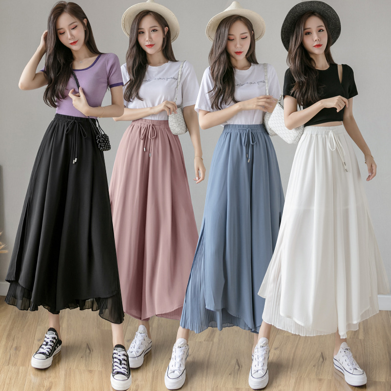 Real Shot Chiffon Wide-Leg Pants Women's 2024 Summer High Waist Culottes Loose Drooping Elegant Cropped Pleated Divided Skirt Women Clothes