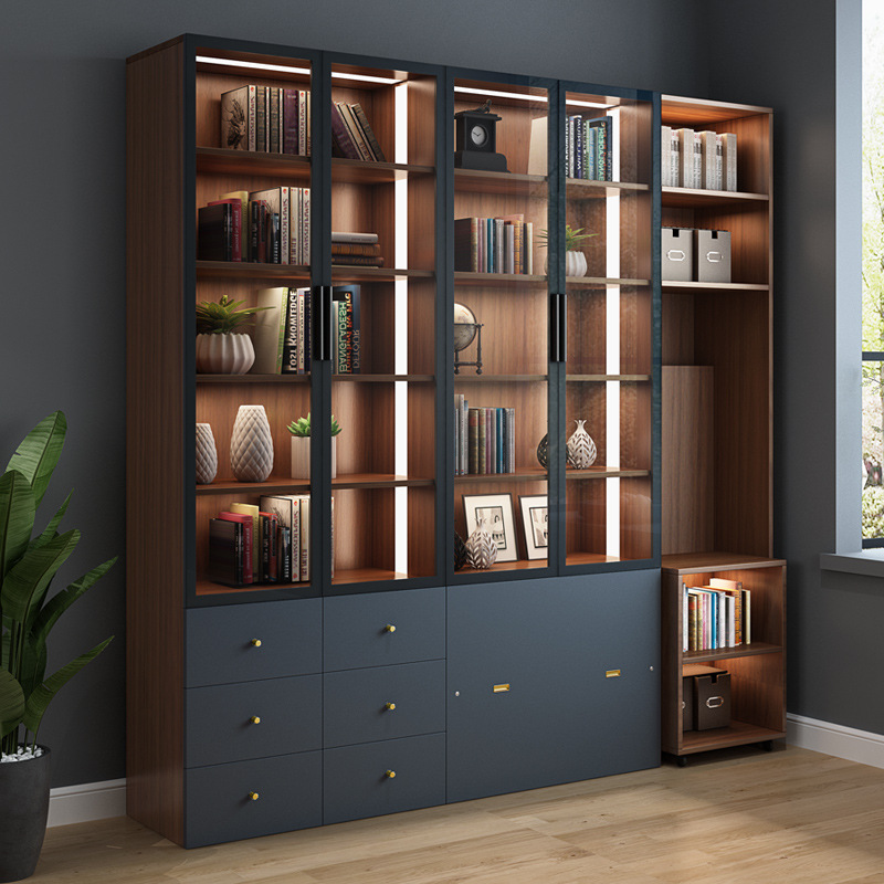 北欧全墙书柜带玻璃门落地简约现代整面墙书橱书桌一体隐形折叠床