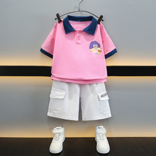 男童潮粉色短袖套装夏季2024新款宝宝洋气两件套儿童polo衫衣服潮