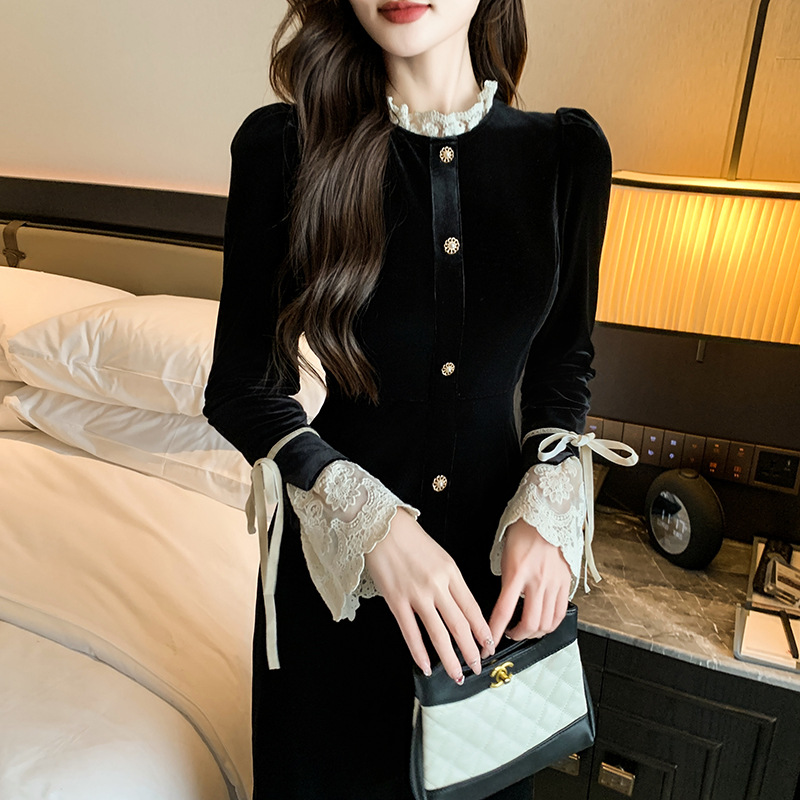 small autumn high-grade french hepburn style slimming velvet dress black dress annual party party dress jumpsuit