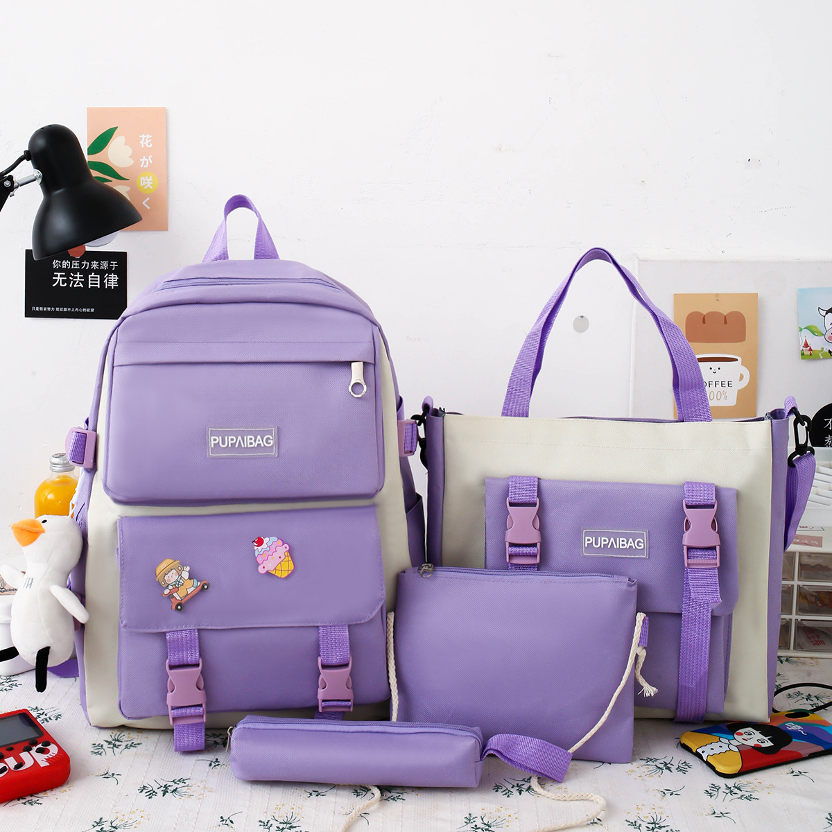 2023 New Backpack Summer Casual Bag Four-Piece Student Schoolbag Junior High School Women's Backpack Oxford Cloth Bag