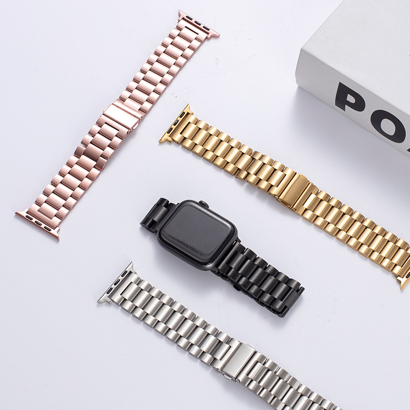 Applicable Watch8 Samsung Huawei GT3 Apple Three-Bead Strap Applewatch8 Stainless Steel Solid Watch Band