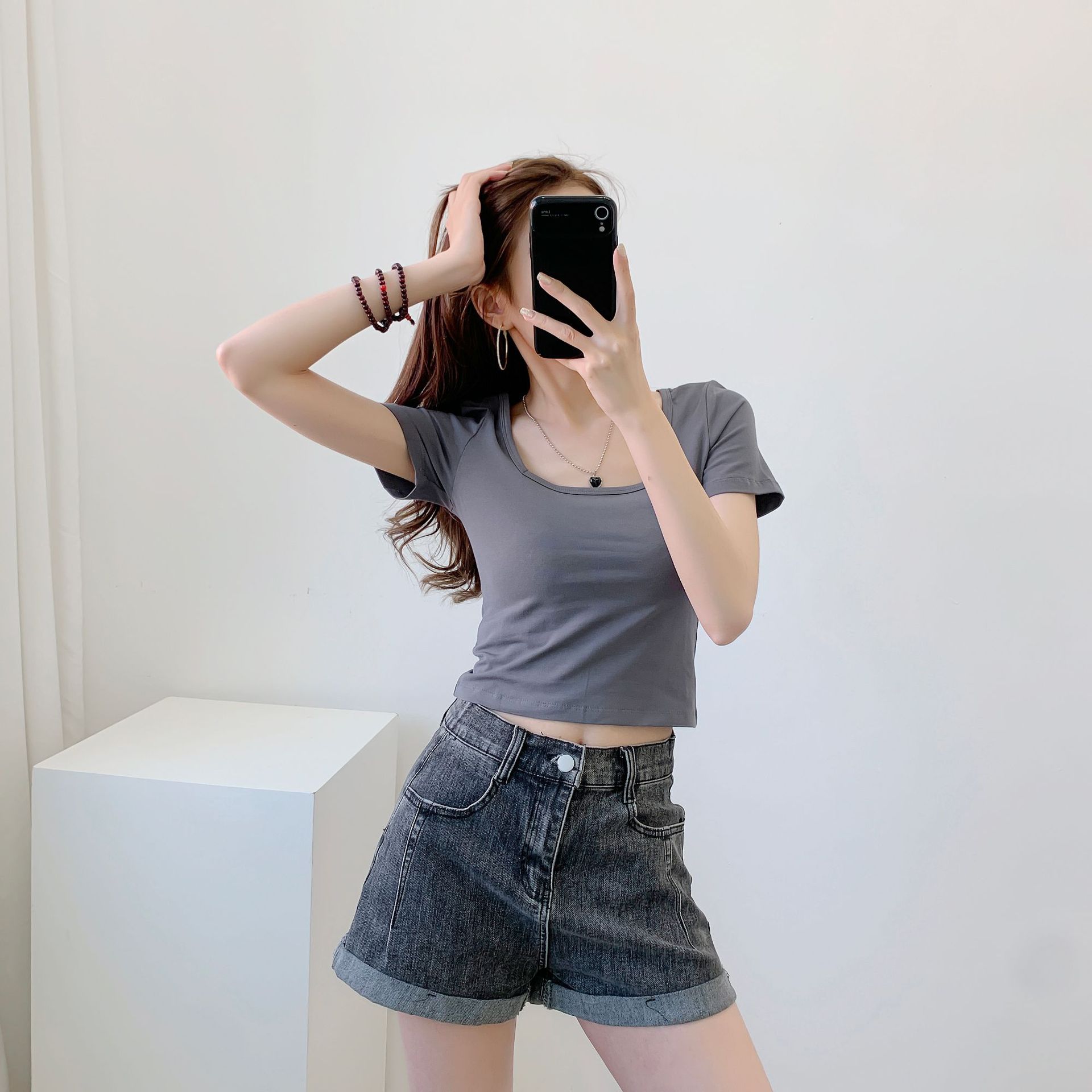 黑色方领高腰短袖t恤女网红露锁骨显胸性感露脐紧身半袖打底上衣