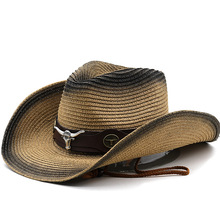 跨境新款牛头配饰西部牛仔草帽户外运动登山翘边礼帽可折叠大帽子