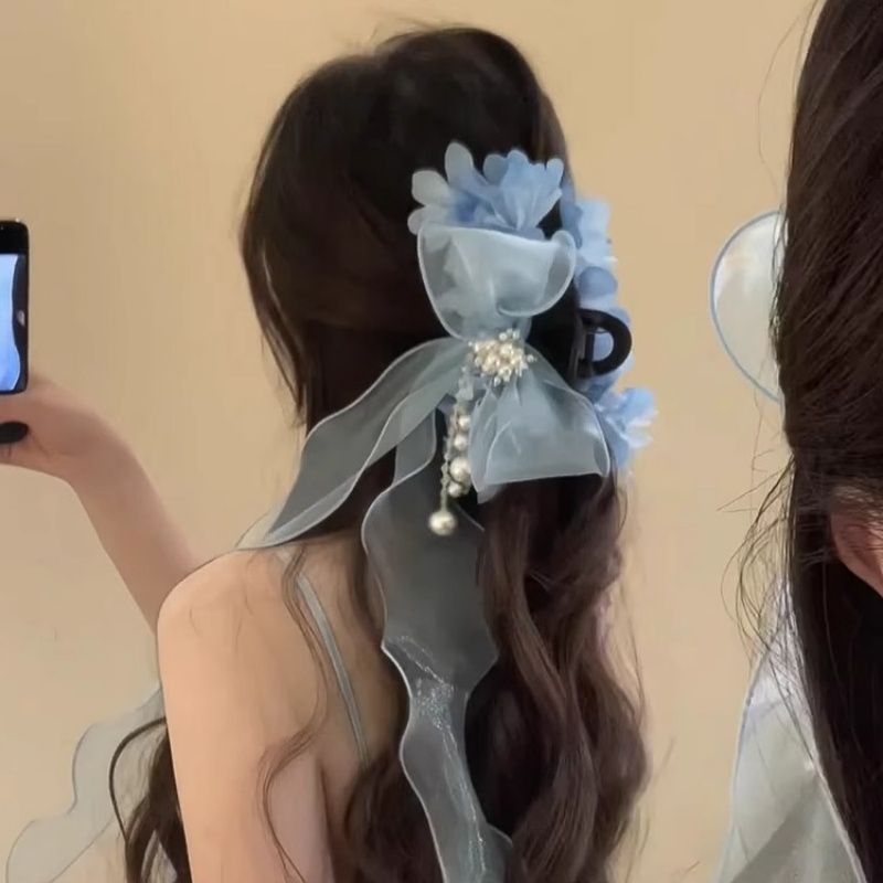 超仙蓝色花朵蝴蝶结飘带抓夹甜美高级感后脑勺盘发鲨鱼夹梦幻发饰