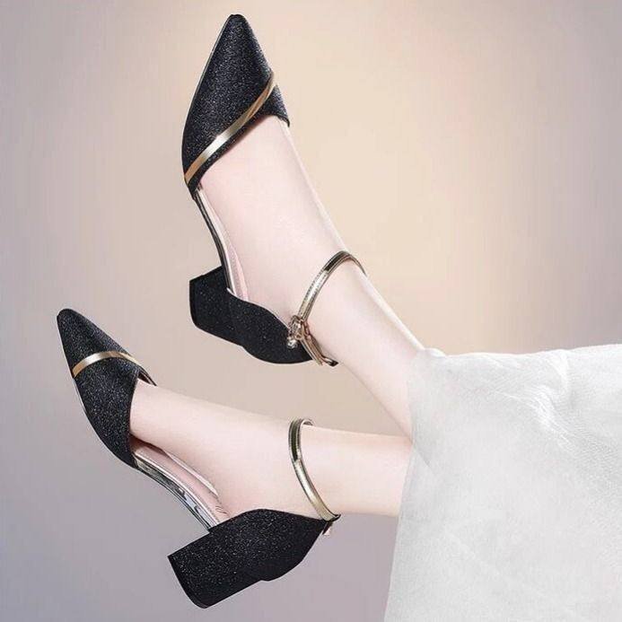 Pointed-Toe Chunky Heel Shoes Women's 2023 New Daily Style Closed Toe Root Women's Shoes with Buckle High Heel Single-Layer Shoes Wholesale