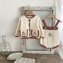 韩版婴幼童3-6-9月宝宝套装口袋绣花外套 背带哈衣爬服两件套单拍