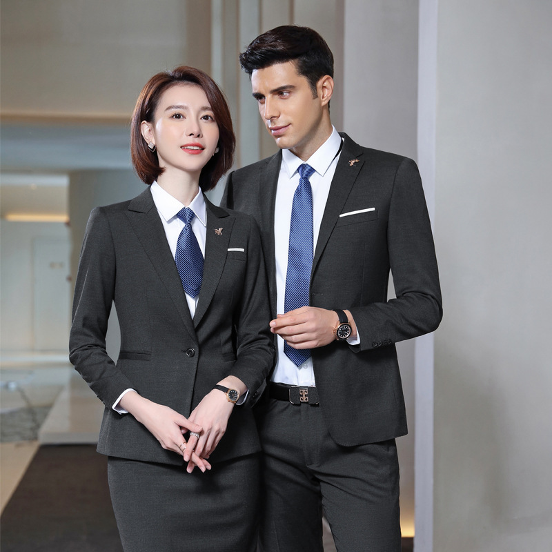 正装工作服蓝衬衫男女同款长袖西服刺绣logo商务银行职业装衬衣棉